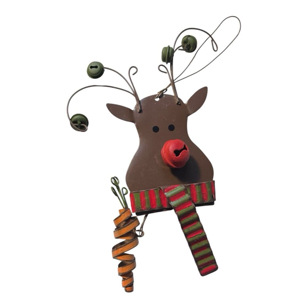 Whimsical Metal Reindeer Christmas Ornament Bell Nose Dangling Carrot Scarf 6"